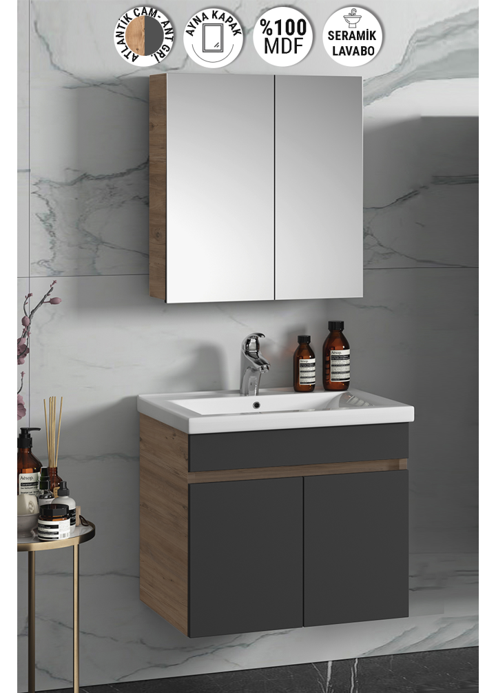 Çiğdem 65 cm Atlantik Çam-Antrasit Gri Mat MDF Seramik Lavabolu Asma Banyo Dolabı Takımı
