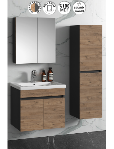 Çiğdem 65+35 cm Antrasit Gri Mat-Atlantik Çam MDF Seramik Lavabolu Asma Banyo Dolabı Takımı