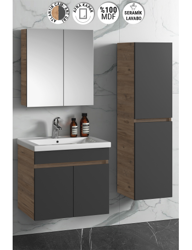 Çiğdem 65+35 cm Atlantik Çam-Antrasit Gri Mat MDF Seramik Lavabolu Asma Banyo Dolabı Takımı