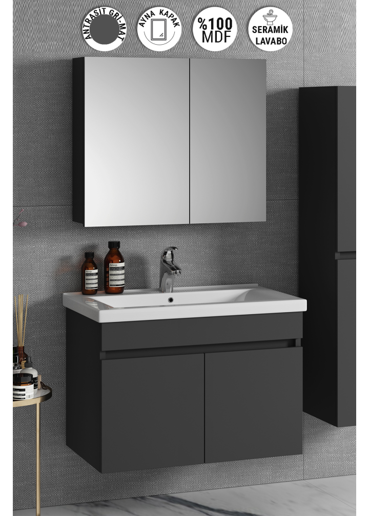Çiğdem 80 cm Antrasit Gri Mat MDF Seramik Lavabolu Asma Banyo Dolabı Takımı