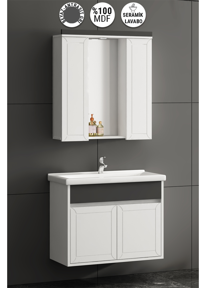 Çuha 80 cm Beyaz-Antrasit Gri MDF Pk-109 Balon Kapak Seramik Lavabolu Asma Banyo Dolabı Takımı