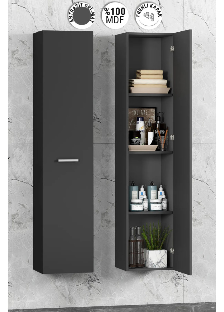 35*167 CM TEK KAPAKLI BOY DOLAP KOMPLE MDF ANTRASİT GRİ MAT
