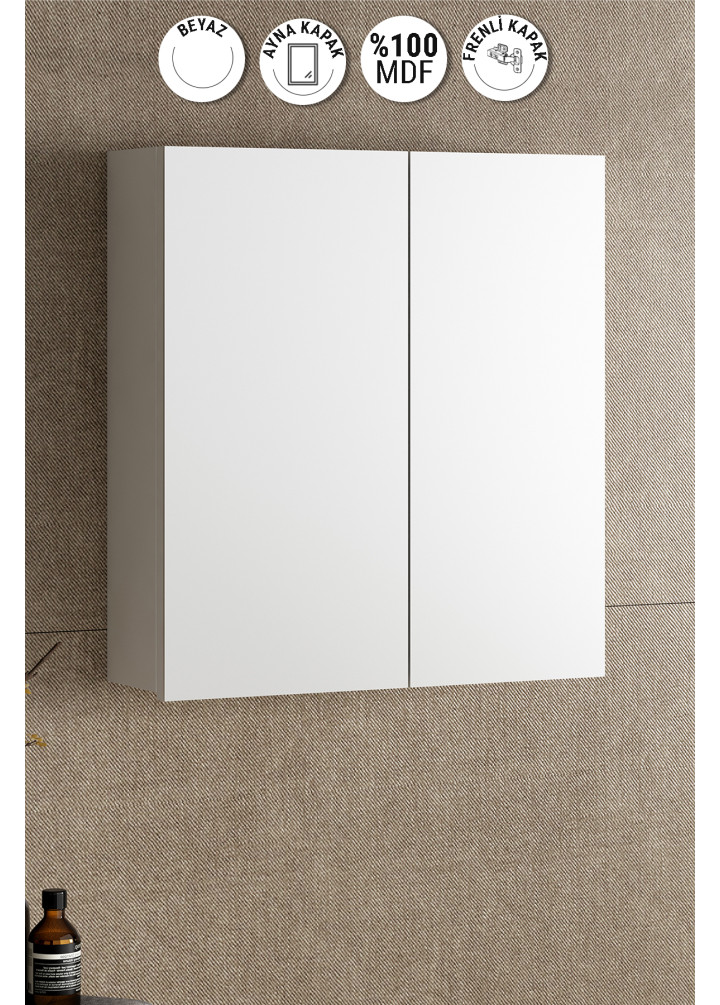 65 cm Çiğdem Dıştan Beyaz MDF Aynalı Asma Banyo Üst Dolabı
