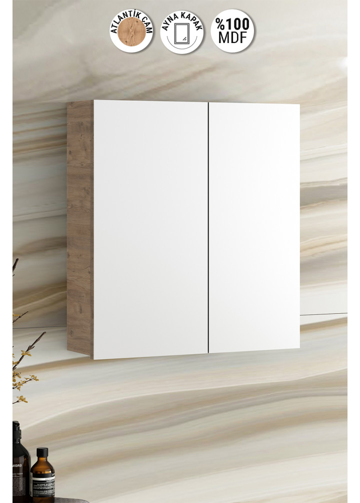 Çiğdem 65 cm Atlantik Çam MDF Aynalı Asma Banyo Üst Dolabı