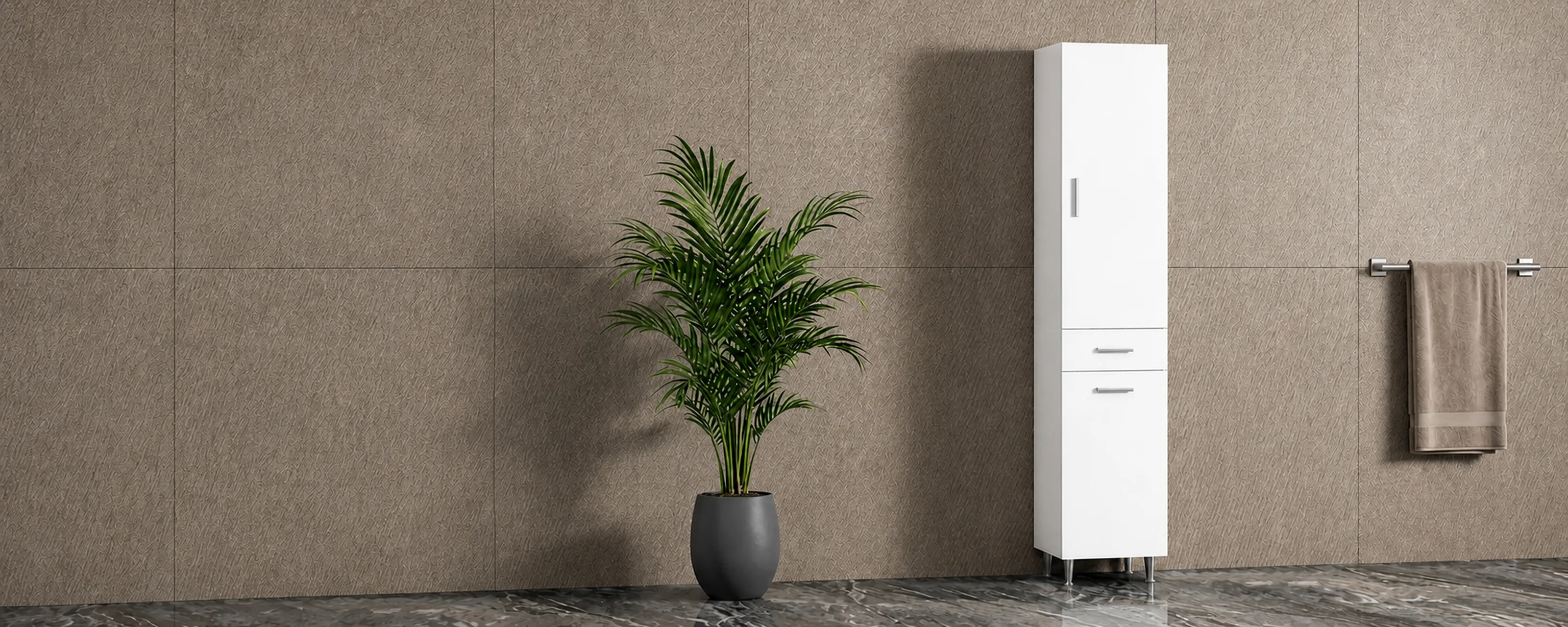 Boy 40x195 cm Beyaz MDF Sepetli Banyo Boy Dolabı — banyoda
